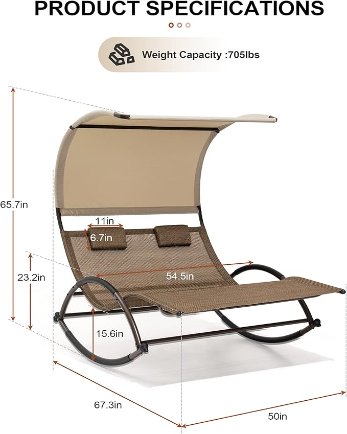 Crestlive Products Outdoor Double Chaise Lounge Chair with Canopy & Wheels, 2 Person Patio Rocking Lounge Chair with Sun Shade & Headrests for Garden, Backyard, Poolside (Brown)