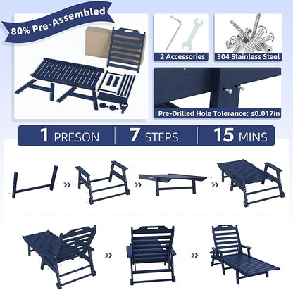 Mdeam 6-Position Lounge Chair Outdoor, 22" W Oversized Sun Tanning Chair, 500LBS Capacity, HDPE All-Weather Patio Lounge Chaise with Wheels Cup Holder for Pool Beach Backyard Lawn Deck, Navy Blue