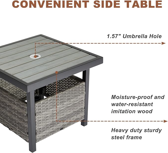 VINGLI Outdoor Side Table with Umbrella Hole Wicker Patio Umbrella Table, Wicker Side Table End Table for Balcony Porch Deck