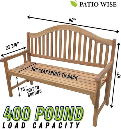 Foldable Acacia Wood Garden Bench, 4 Foot Indoor/Outdoor Wooden Porch, Patio, & Park Seating, Curved Backrest and Armrest, 48" Wide x 24-3/4" Deep x 41" High, Teak Color