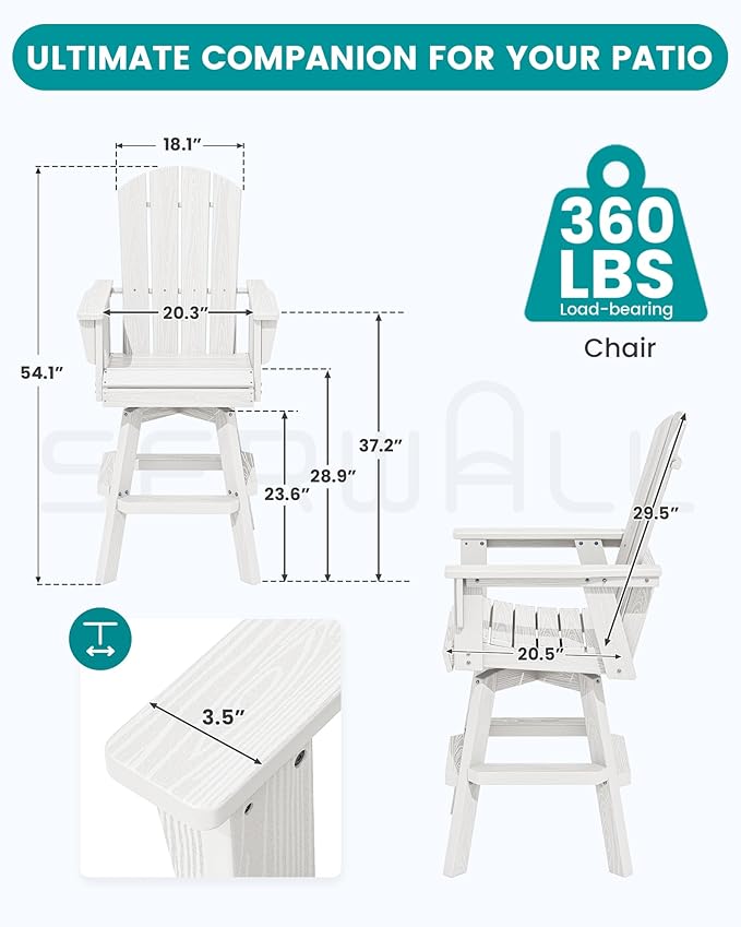 SERWALL Swivel Adirondack Barstools Set of 2, HDPE Outdoor Swivel Bar Chairs Set of 2 for Patio, Poolside, Garden, White - Photo 2