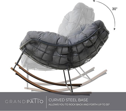 Grand patio Rocking Chair Outdoor, E-Coated Papasan Rocking Chair with Cushion, Outdoor Oversized Recliner Rocker for Patio Porch Garden Backyard, Grey