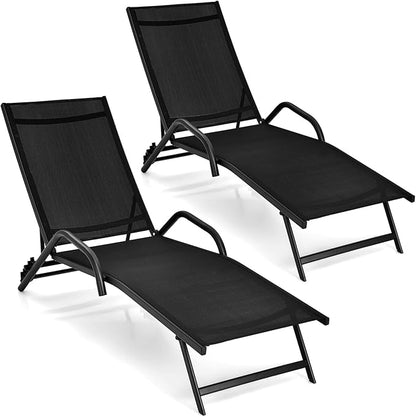 Giantex Lounge Chairs for Outside - Set of 2 Outdoor Chaise Lounge with 5 Adjustable Position, Steel Frame, Patio Loungers, Camping Reclining Chair for Garden, Poolside, Yard Sunbathing Chairs, Black