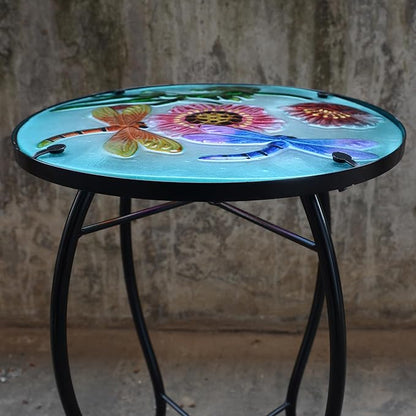 Round Dragonfly Glass Side Table, Patio Small Table, Outdoor Side Table, Outdoor Bar Table, Metal Glass End Table for Porch Garden Patio Pool Living Room