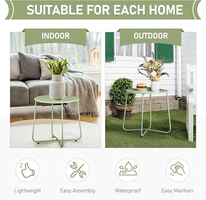 VINGLI Patio Small Side Table, Waterproof Round Metal Steel Outdoor Side Table End Table for Garden Balcony Porch and Indoor, Green