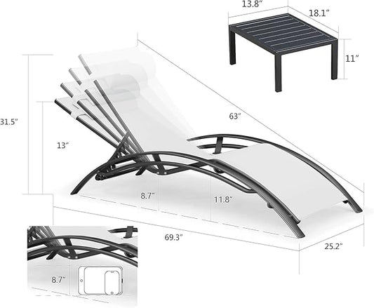 PURPLE LEAF Patio Chaise Lounge with 10' x 6.5' Tilt Umbrella Outdoor Lounge Chair Beach Pool Sunbathing Lawn Lounger, Base and Side Table Included, White