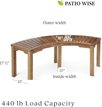 Patio Wise Acacia Wood Outdoor Curved Bench for Fire Pit Seating – 6-Foot Backless Round Bench for Patio, Porch, Park, or Dining Table, 57" L x 16" W x 17.75" H, Teak Color
