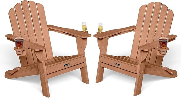 Adirondack Chairs Set of 2, Wood Texture Fire Pit Chairs, Plastic Adirondack Chairs with 2 Cup Holder - Photo 1