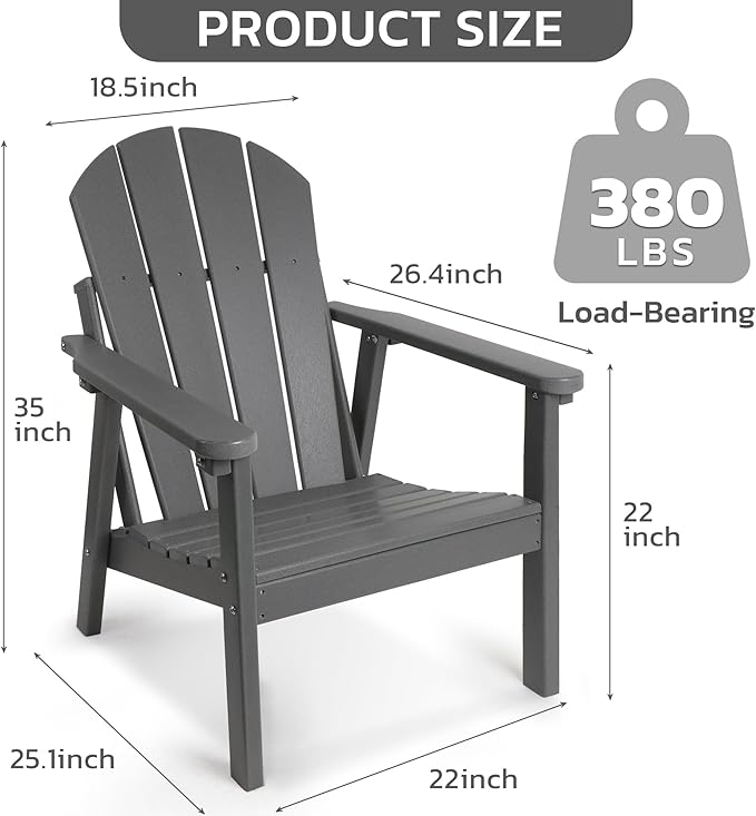 Adirondack Chair, HDPE All Weather Adirondack Chairs, Fire Pit Chairs, Patio Chairs, Lawn Chairs. Perfect for Porch, Patio, Poolside, Deck.