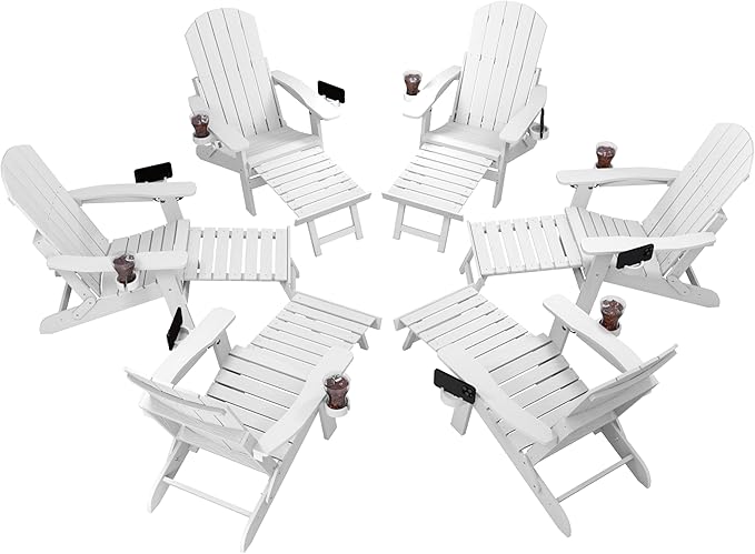 YEFU Adjustable Adirondack Chair with Retractable Ottoman Set of 6,Folding Adirondack Chair with 2 Cup-Holders, Outdoor Chairs with Footrest,Weather Resistant Fire Pit Chairs,for Patio Lawn(White)