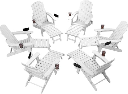 YEFU Adjustable Adirondack Chair with Retractable Ottoman Set of 6,Folding Adirondack Chair with 2 Cup-Holders, Outdoor Chairs with Footrest,Weather Resistant Fire Pit Chairs,for Patio Lawn(White)