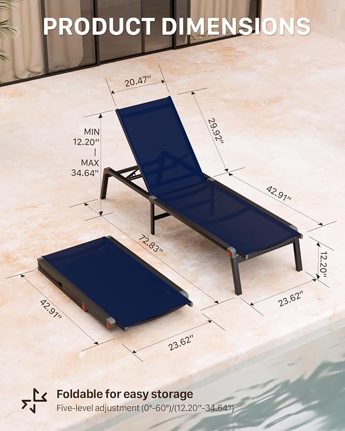 Aluminum Chaise Foldable Patio Lounge Chair Outdoor, Deck Lounger Adjustable 5-Position Recliner Pool Chase Breathable Full Flat Outside Sun Tanning Chairs for Beach/Poolside/Lawn(Navy Blue, 2 Pack)