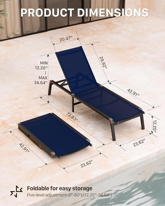 Aluminum Chaise Foldable Patio Lounge Chair Outdoor, Deck Lounger Adjustable 5-Position Recliner Pool Chase Breathable Full Flat Outside Sun Tanning Chairs for Beach/Poolside/Lawn(Navy Blue, 2 Pack)