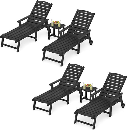 LUE BONA Outdoor Lounge Chair Set with Table, 6-Piece, HDPS Chaise Lounge Outdoor with Wheels, 5 Positions Adjustable Pool Lounger Chairs for Outside, Patio, Deck, Black
