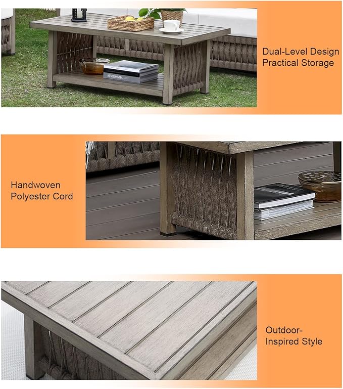 Outdoor Coffee Table, Never Rusts Aluminum Rope Weave Patio Coffee Table - Photo 6