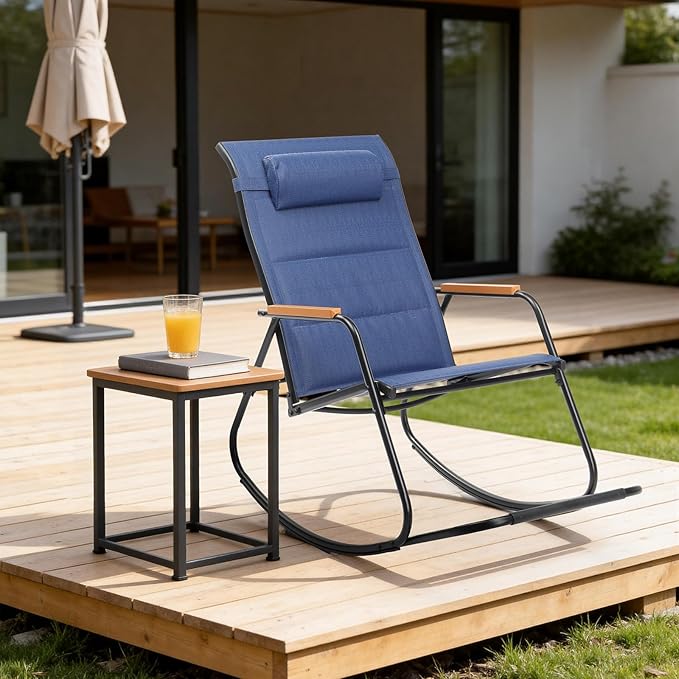 VINGLI Outdoor Rocking Chair, 450lbs Capacity Portable Outdoor Rocker with Footrest, Hard Armrests, Pillow, All Weather Porch Rocker for Garden, Living Room, Patio, Lawn (Blue, with footrest)
