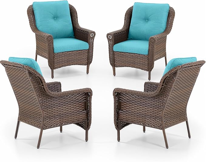Patio Wicker Chairs Outdoor Furniture Chair - Set of 4 Outside All Weather Lawn Dining Brown Rattan Armchair with High - Photo 1
