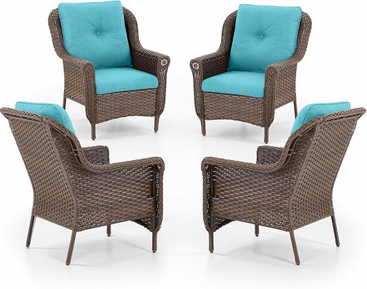 Patio Wicker Chairs Outdoor Furniture Chair - Set of 4 Outside All Weather Lawn Dining Brown Rattan Armchair with High Back&Deep Seating for Deck Porch Balcony Backyard Garden - Turquoise