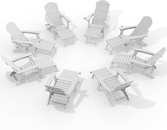 YEFU Adjustable Adirondack Chair with Retractable Ottoman Set of 8,Folding Adirondack Chair with Cup-Holder, Outdoor Chairs with Footrest,Weather Resistant Fire Pit Chairs,for Patio Lawn