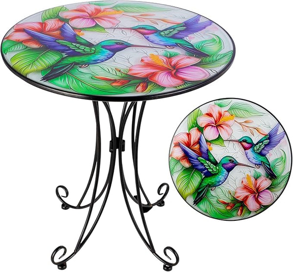18 Inch Outdoor Side Table, Hummingbird Metal Accent Table, Indoor Small Round End Table - Photo 1