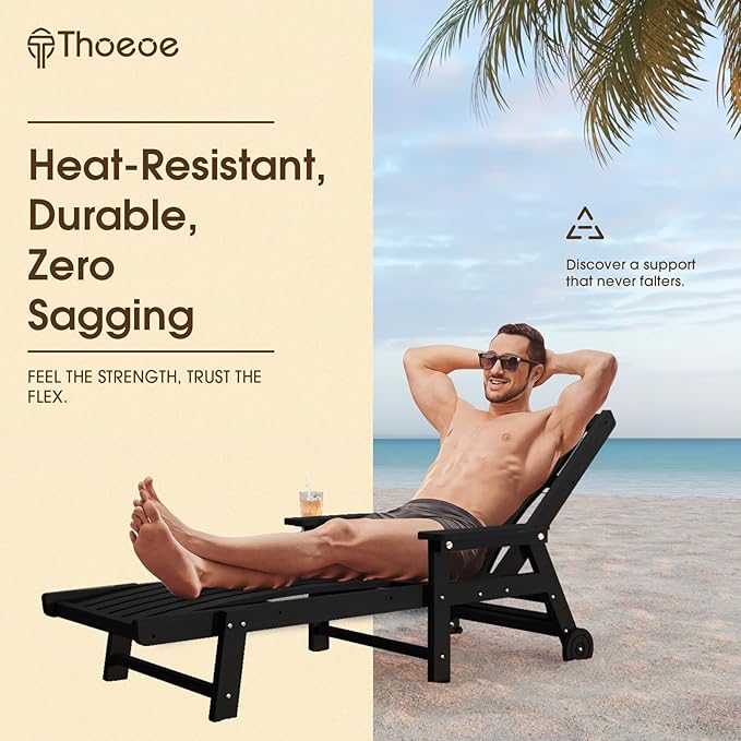 THOEOE Patio Chaise Lounge Chair, Oversized Lounge Chair Outdoor with 5 Positions, HDPE, Patio Lounge Chair with Wheels & Cup Holder for Pool, Deck, Poolside,Black