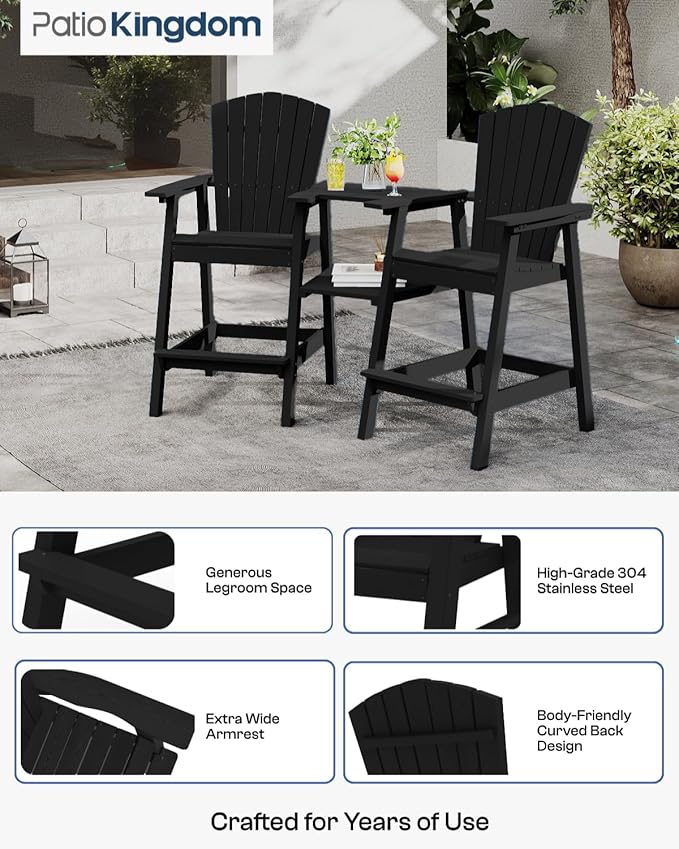 Tall Adirondack Chairs Set of 2 with Removable Tray, HDPE Bar Height Adirondack Bar Stools, High Back Patio Chairs for Balcony, Deck, Lawn, Backyard, All-Weather Outdoor Furniture, Black