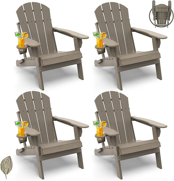 GREENVINES Folding-Adirondack-Chair-Set-of-4 | Wood Grain | HDPE Plastic | Fire Pit Chairs | All Weather | Cup Holder - Photo 1
