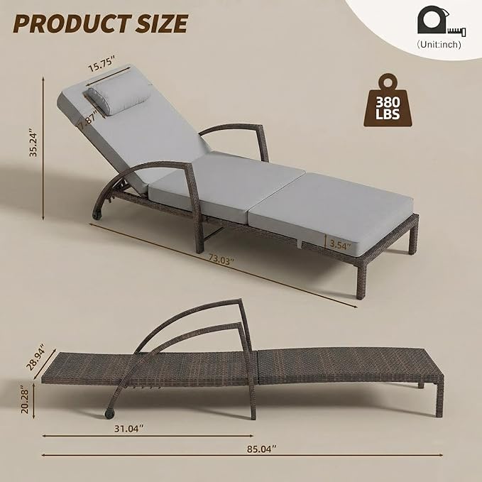 GarveeHome Outdoor Chaise Lounge Set of 2, Weather-Resistant PE Rattan Recliners with 5 Adjustable Positions, Wheels, Armrests, Cushions & Pillows, Collapsible for Poolside, Deck, Gray Cushion