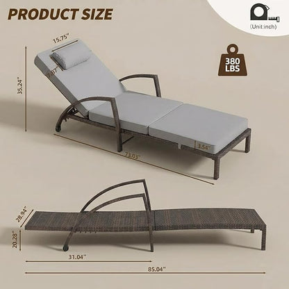 GarveeHome Outdoor Chaise Lounge Set of 2, Weather-Resistant PE Rattan Recliners with 5 Adjustable Positions, Wheels, Armrests, Cushions & Pillows, Collapsible for Poolside, Deck, Gray Cushion