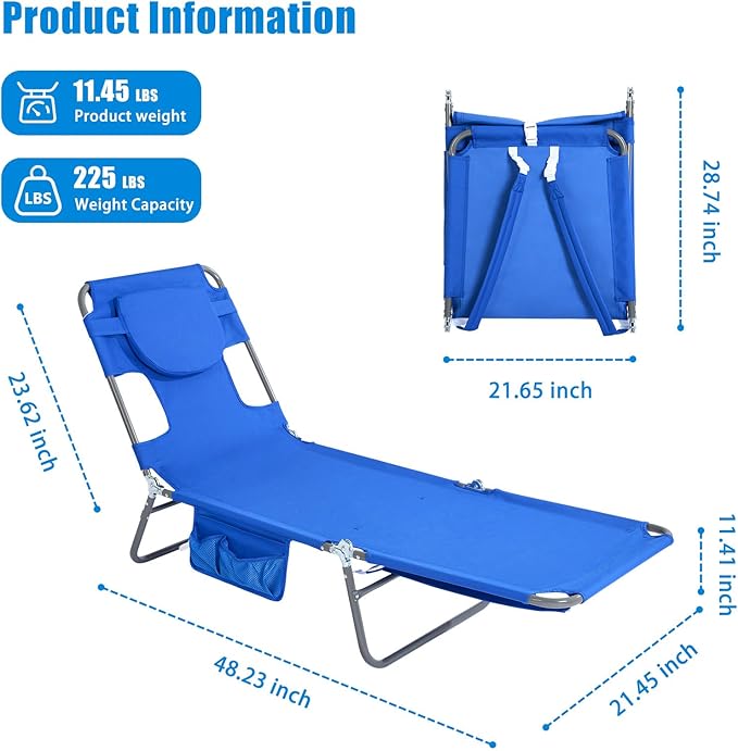 daystar SunnyFeel Beach Lounge Chair, Backpack Reclining Beach Chairs Lay Flat, Face Down Tanning Chair, Folding Camping Chairs Portable Camp Cot with Backpack Straps for Outdoor/Picnic/Lawn