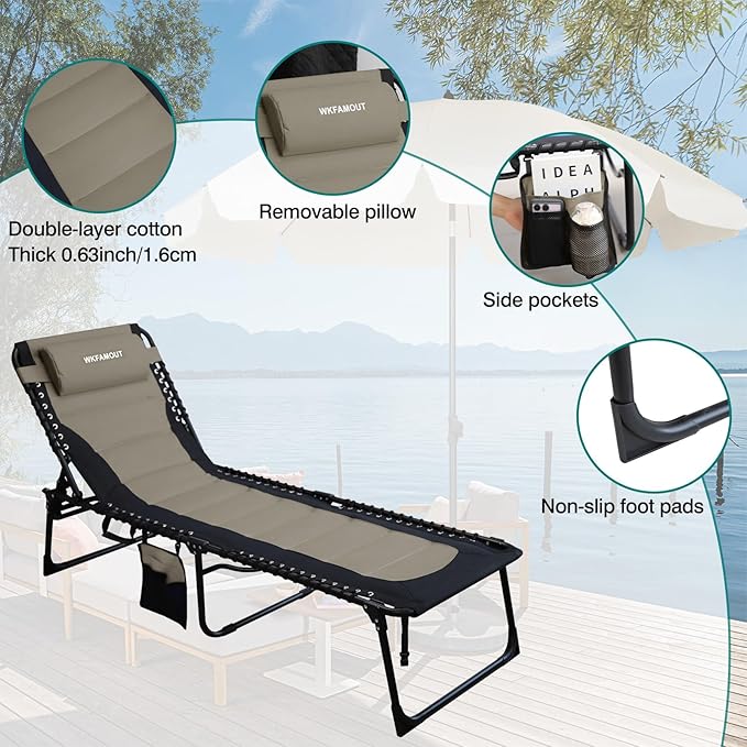 Outdoor Folding Lounge Chair Padded for Adults 264Ibs Patio Chaise Lounge Chair for Outside Adjustable 5-Position - Photo 5