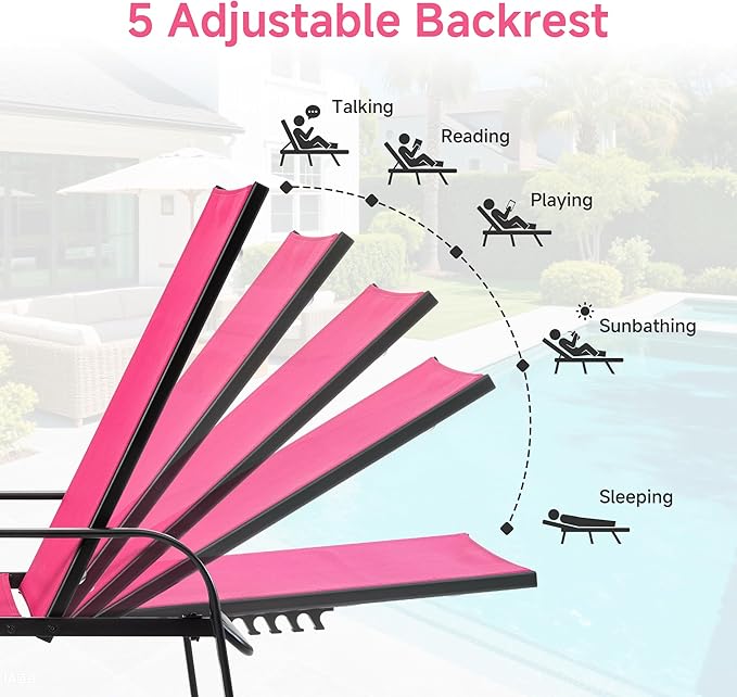 DUMOS 5-Position Foldable Adjustable Chaise Lounge Chair with Armrests, Sturdy Metal Frame Outdoor Sun Recliner for Patio, Backyard, Poolside, Rose Pink