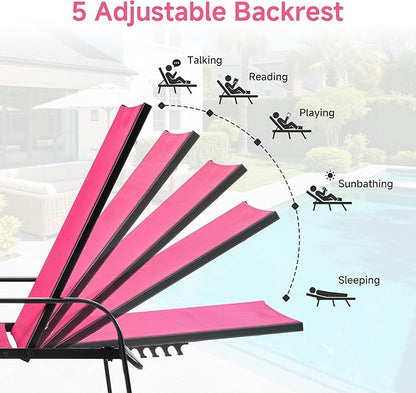 DUMOS 5-Position Foldable Adjustable Chaise Lounge Chair with Armrests, Sturdy Metal Frame Outdoor Sun Recliner for Patio, Backyard, Poolside, Rose Pink