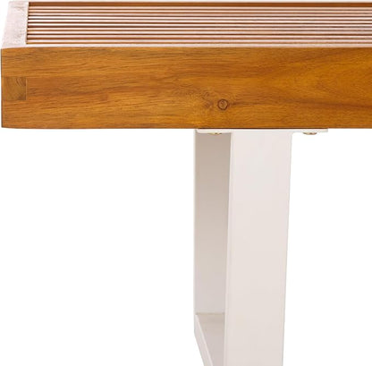 SAFAVIEH Outdoor Patio Furniture Heather Natural Brown Solid Wood & White Legs 60-inch Steel Bench