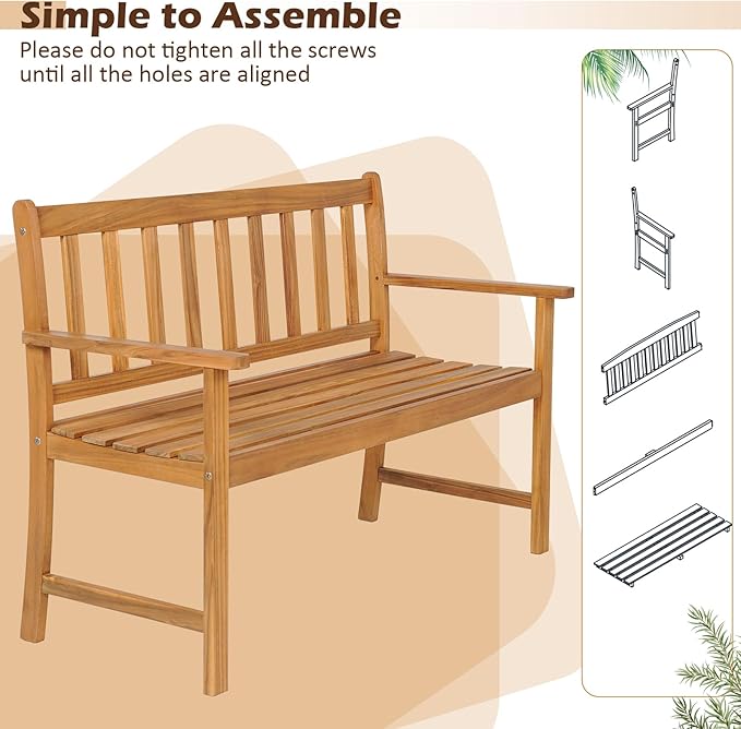 RELAX4LIFE Outdoor Bench Acacia Wood - 2-Person Garden Bench w/800 Lbs Weight Capacity, Slatted Wooden Loveseat w/Backrest & Armrests, Patio Park Chair for Front Porch Poolside Park Backyard (48'')