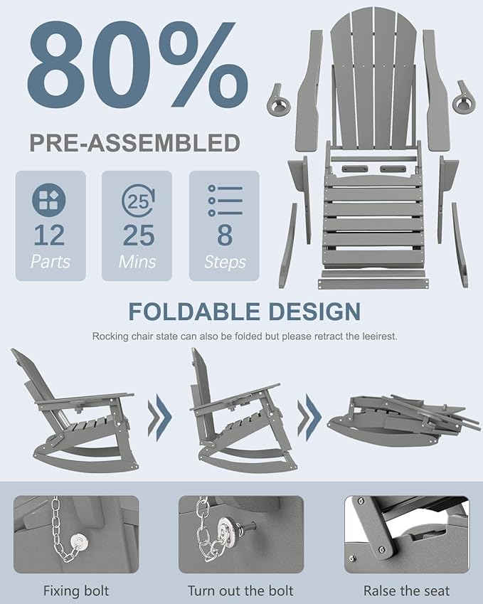 Adirondack Rocking Chairs Set of 6 with Retractable Ottoman, All Weather Folding Adirondack Chair with Two Cup Holders, Adirondack Outdoor Rocking Chairs for Porch, Patio, Balcony. White Grey