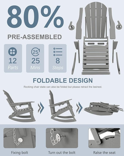 Adirondack Rocking Chairs Set of 6 with Retractable Ottoman, All Weather Folding Adirondack Chair with Two Cup Holders, Adirondack Outdoor Rocking Chairs for Porch, Patio, Balcony. White Grey