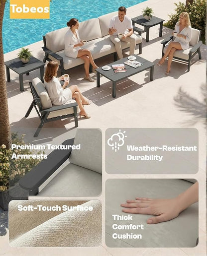 HDPE Patio Furniture Set 8 Seats, Outdoor Couch with Washable Thick Beige Cushions & Side Table, Outdoor Sectional Furniture for Backyard, Deck, Lawn, Porch (Gray Frame)