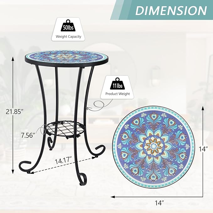 VCUTEKA Outdoor Side Table Mosaic Patio Table Accent Tables Mosaic Tile Top Metal Frame Small End Tables Porch Beach Patio Garden Balcony Peacock Feather 14''