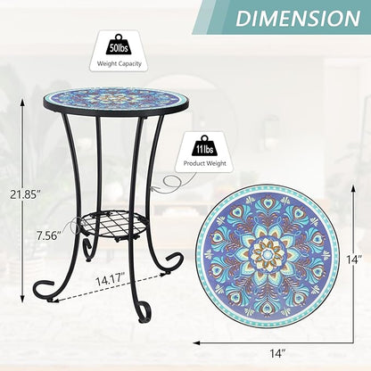 VCUTEKA Outdoor Side Table Mosaic Patio Table Accent Tables Mosaic Tile Top Metal Frame Small End Tables Porch Beach Patio Garden Balcony Peacock Feather 14''