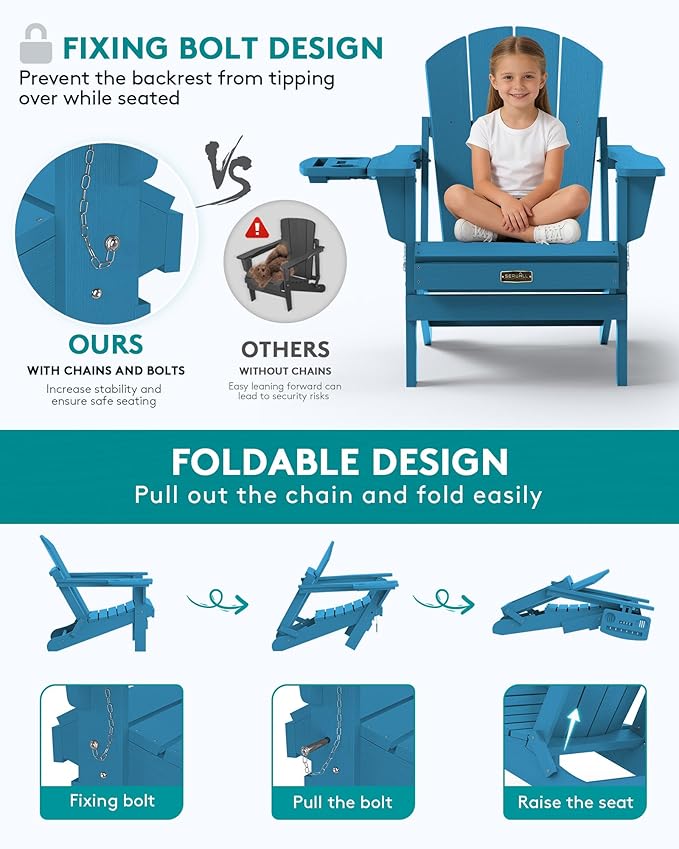 SERWALL Folding Adirondack Chair with 4 in 1 Multi-Functional Cup Holder, Wood Texture Adirondack Chairs for Patio Garden Outdoors, All-Weather Plastic Fire Pit Chairs - Sapphire