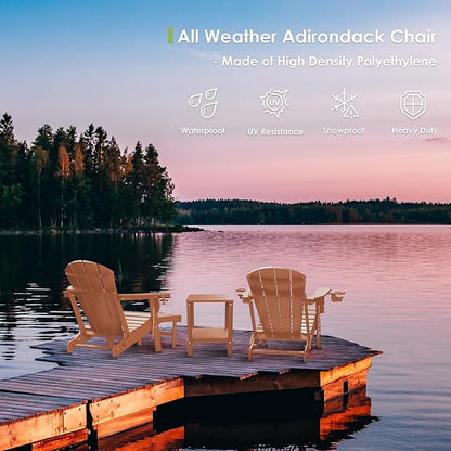 GREENVINES Adirondack-Chairs-with-Ottoman | Set of 4 | Folding | Retractable-Footrest | HDPE Plastic | All Weather Fire Pit Chair | Cup Holders | Teak | for Outdoor Poolside