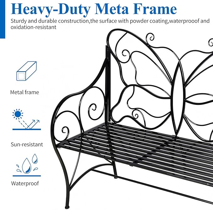 HLC Outdoor Bench Outdoor Sturdy Rust-Resistant Bench Butterfly Cast Iron with Armrests Park, Yard, Patio, Porch - Photo 4