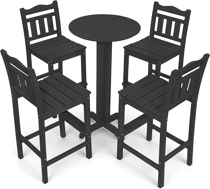 5-Piece Outdoor Bar Set, HDPE Adirondack Bar Height Chairs Set of 4 and Round Pub Table, All Weather Outdoor Patio Bar Furniture for Bistro, Deck, Balcony, Poolside (Black)