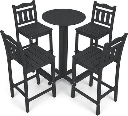 5-Piece Outdoor Bar Set, HDPE Adirondack Bar Height Chairs Set of 4 and Round Pub Table, All Weather Outdoor Patio Bar Furniture for Bistro, Deck, Balcony, Poolside (Black)