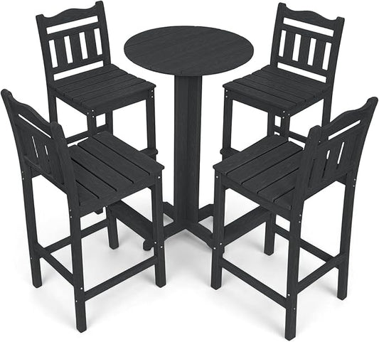 5-Piece Outdoor Bar Set, HDPE Adirondack Bar Height Chairs Set of 4 and Round Pub Table, All Weather Outdoor Patio Bar Furniture for Bistro, Deck, Balcony, Poolside (Black)