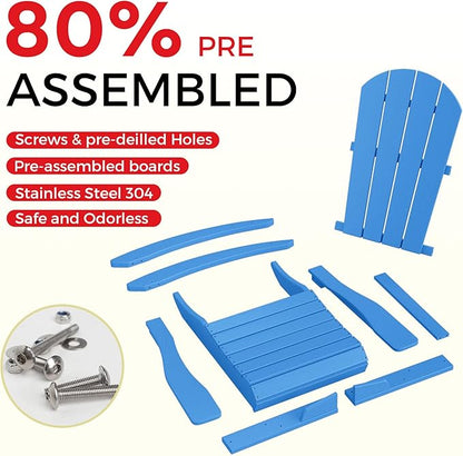 Costaelm Outdoor Adirondack Chair Set of 2, All Weather Resistant Classic Balcony Chair and Fire Pit Chairs, Plastic Outdoor Porch Furniture Rocking Chair High Back HDPE Poly Lumber, Pacific Blue