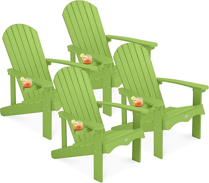 Y&M Adirondack Chair Set of 4, Lime Fire Pit Chairs, Outdoor Patio Chairs with Cup Holder, Weather Resistant HDPE Wooden Textured Patio Chairs, Perfect for Garden, Lawn, Deck, or Poolside