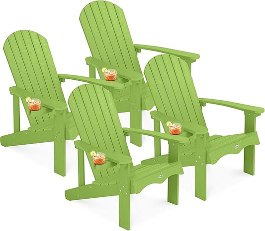 Y&M Adirondack Chair Set of 4, Lime Fire Pit Chairs, Outdoor Patio Chairs with Cup Holder, Weather Resistant HDPE Wooden Textured Patio Chairs, Perfect for Garden, Lawn, Deck, or Poolside