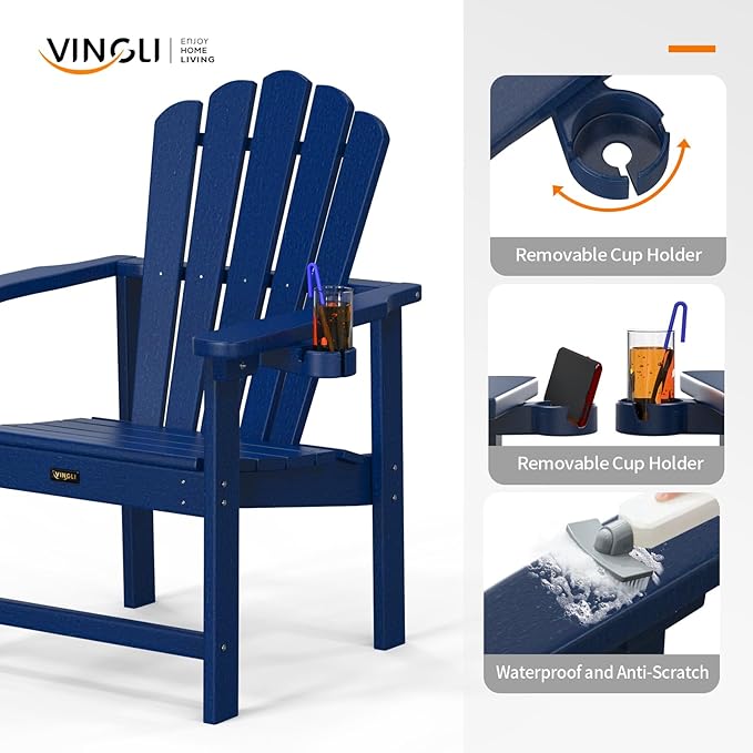 VINGLI Plastic Folding Adirondack Chair with Cup Holder, 100% Recyclable HDPE Material, Comfortable 380lb Weight Capacity for Outdoor Pool Patio Lounge Chair Lawn Furniture Fire Pit, 1 Pack, Navy Blue